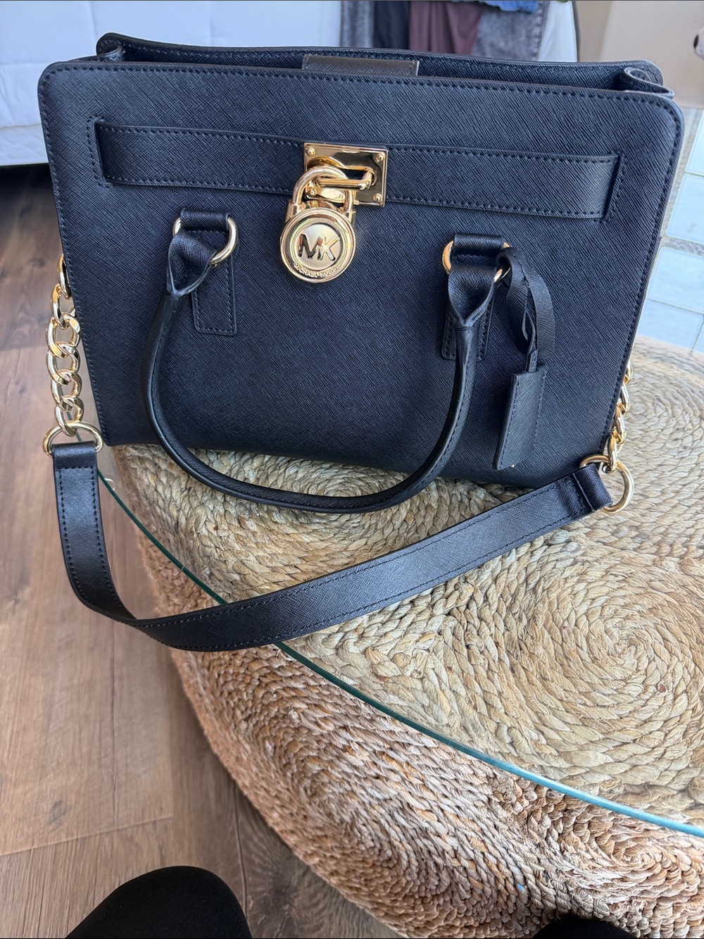 Michael Kors Black Saffiano Satchel with Gold-Tone MK Padlock